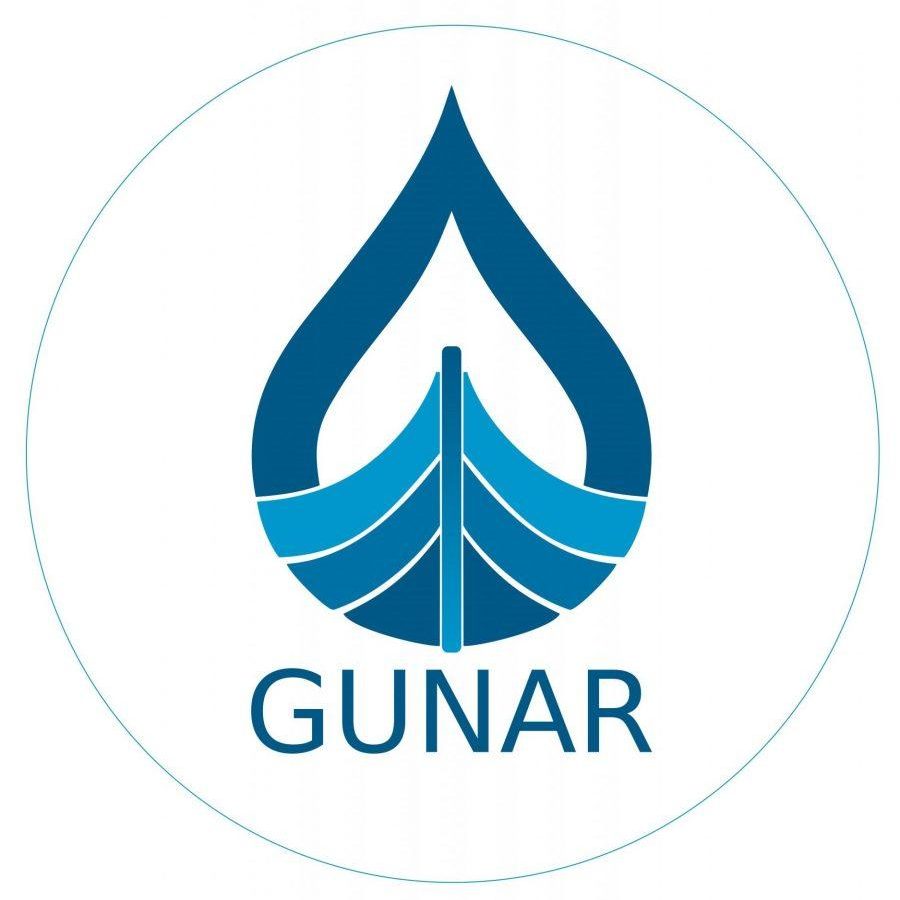 Logotyp firmy Gunar - łudź wikingów wkomponowana w krople wody.