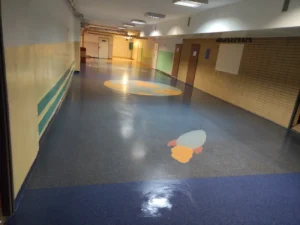 Wykładzina w szkole podstawowej po oczyszczeniu oraz polimeryzacji.