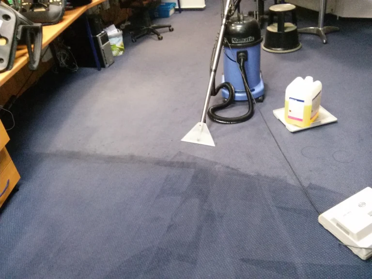 Niewielka niebieska wykładzina prana równie niewielkim ale mocnym odkurzaczem piorącym.