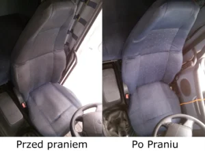 Kolaż ukazujący wyprany fotel w kabinie ciężarówki przed i po praniu. Fotel był usmarowany brudnym olejem i wszystkim co tylko można sobie wyobrazić.