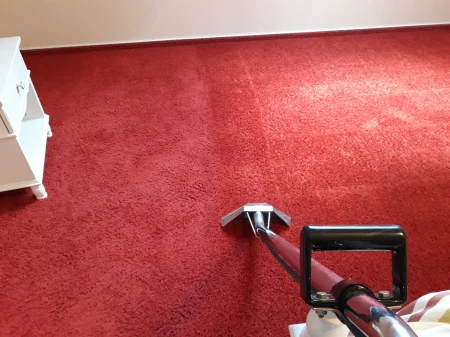 Czyszczenie czerwonej wykładziny z włosem.